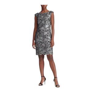 Lauren Ralph Lauren Black & Silver Floral Lace Sheath Dress, Size 12 Elegant